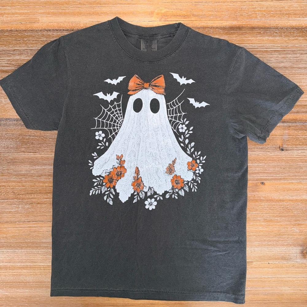 Comfort Colors Black Tee with Orange and White Ghost Design